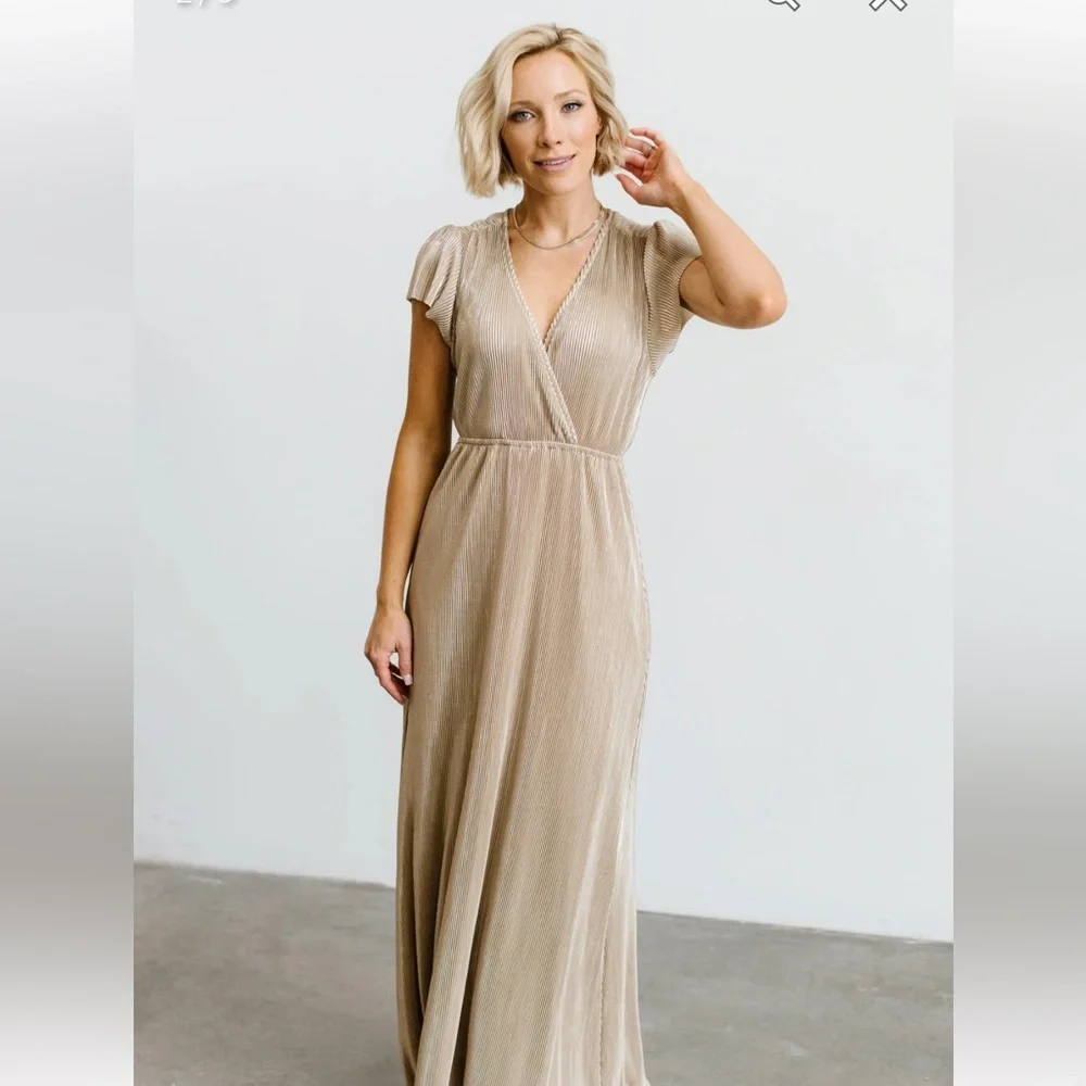 Baltic Born Pleated Champagne Maxi Dress Cocktail Fancy Event New Years Eve - Picture 2 of 11